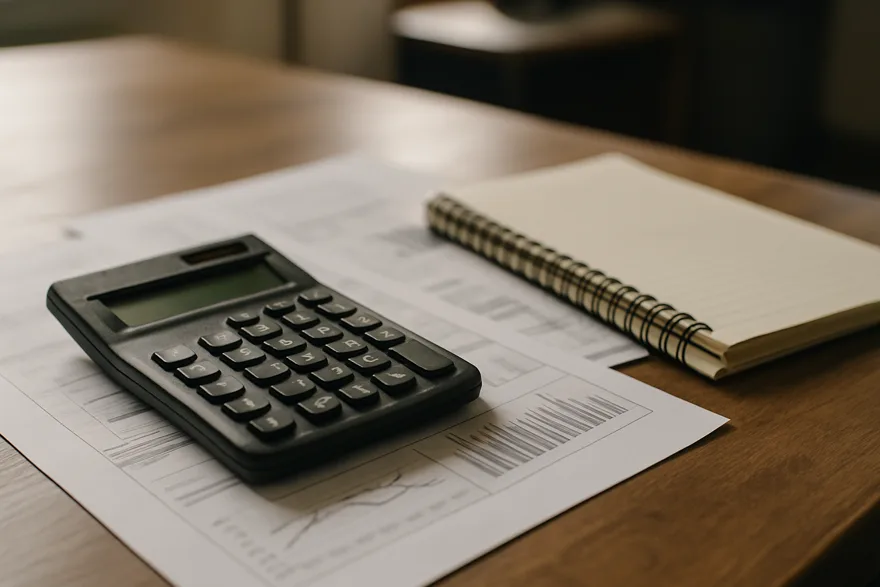 A calculator, notebook and financial paperwork on an office desk, shallow depth of field