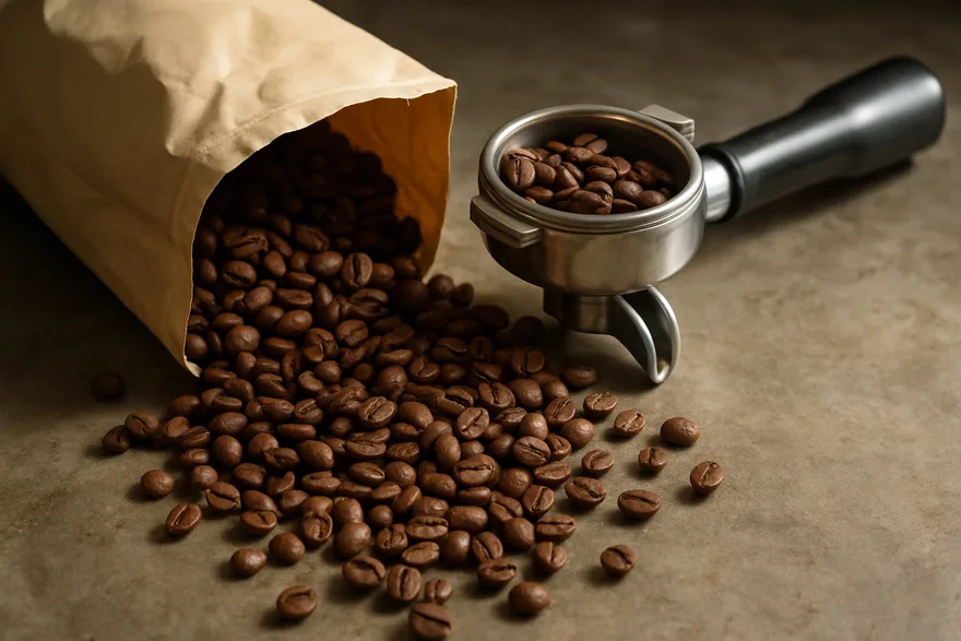 Fresh roasted coffee beans spilling from a bag beside a portafilter on a counter