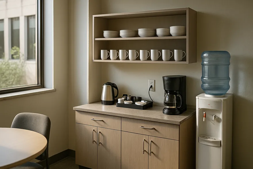 A tidy office breakroom with coffee station, mugs and a water dispenser, morning light