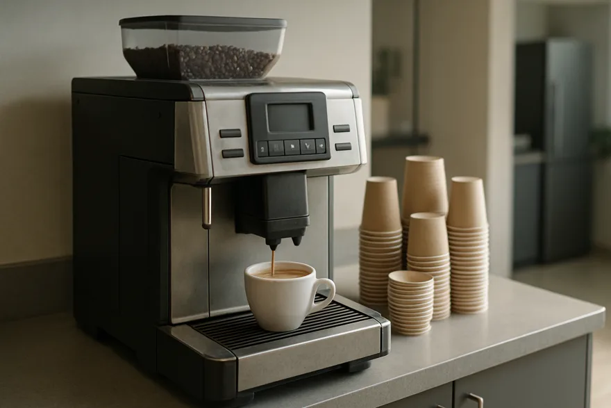 A commercial bean-to-cup coffee machine on an office breakroom counter, cups stacked beside