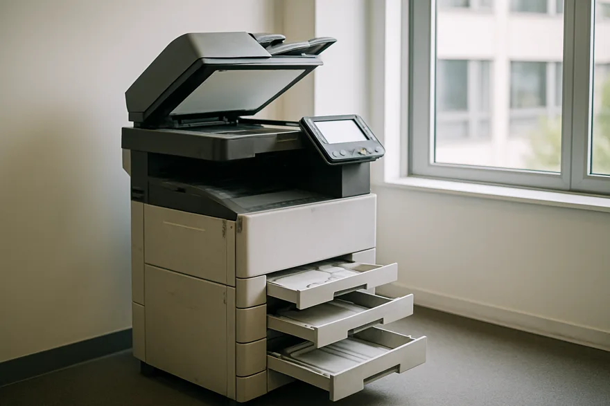 A modern multifunction office copier machine in a bright office corner, paper trays open