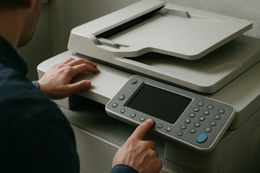 Close-up of a copier control panel area and document feeder, blank screen, hands of a worker from behind