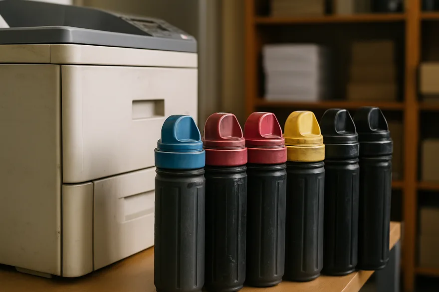 Toner cartridges lined up beside an office printer, supply shelf in background