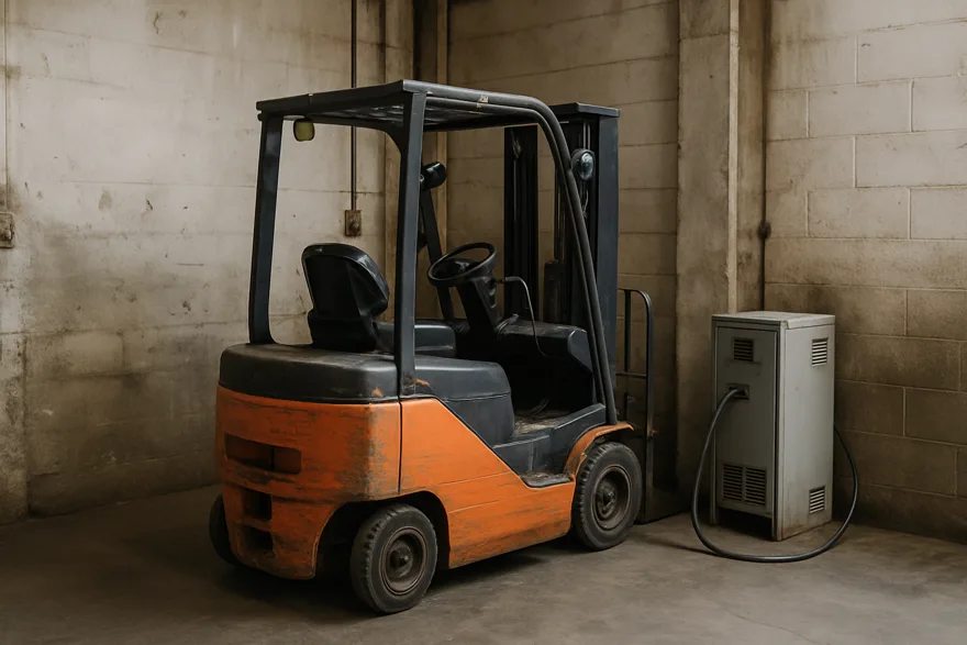 An electric forklift parked at a battery charging station in a warehouse corner