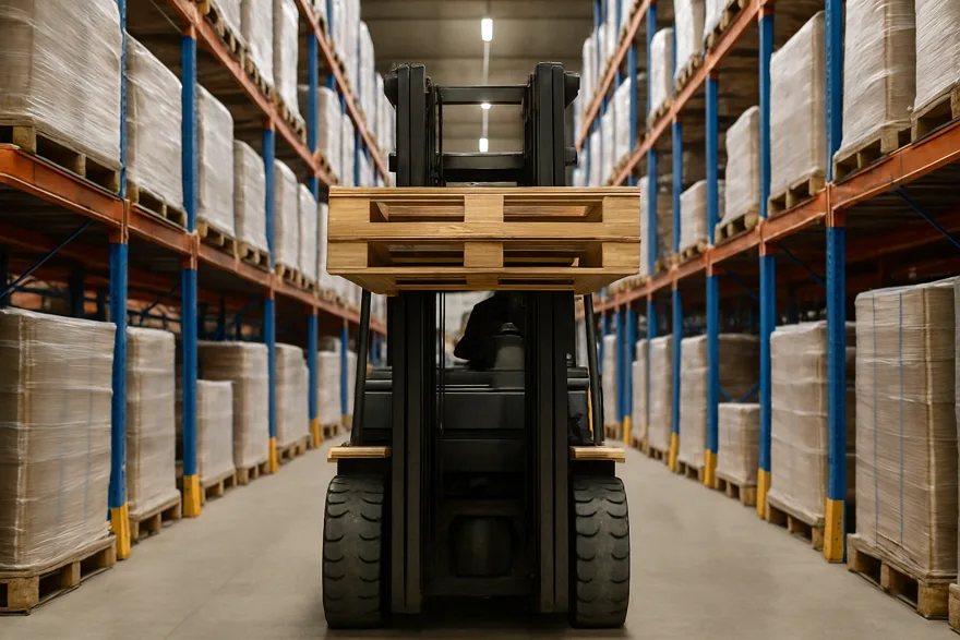 A forklift lifting a wooden pallet in a clean warehouse aisle, racking either side