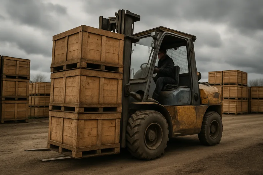 A rugged forklift moving crates in an outdoor storage yard on a cloudy day