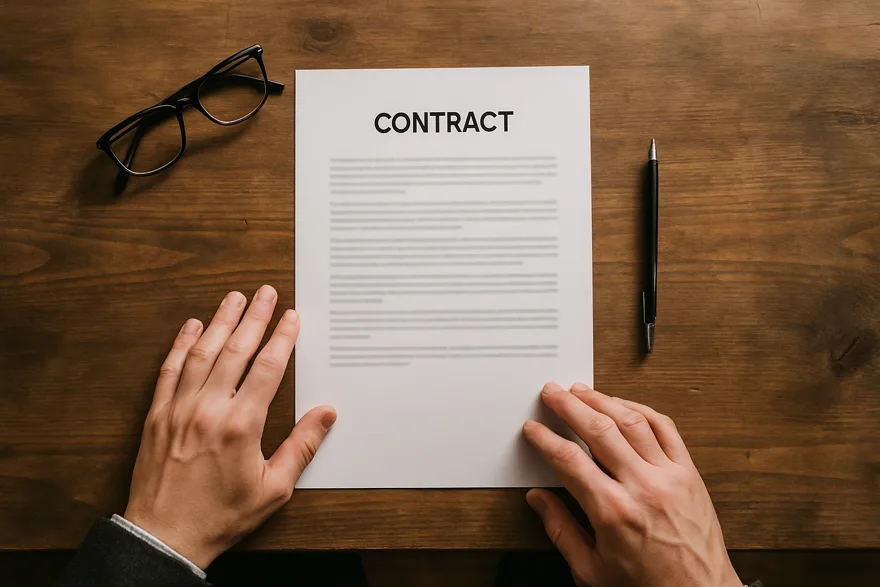 A desk seen from above with a paper contract, pen and reading glasses, hands from behind only