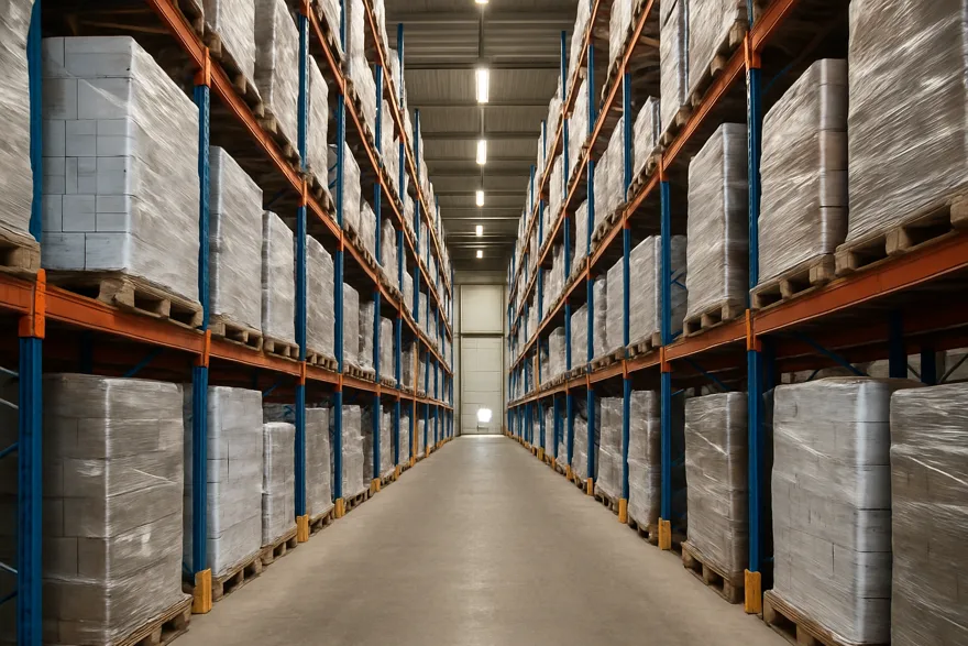 Tall warehouse pallet racking loaded with shrink-wrapped goods, wide aisle perspective
