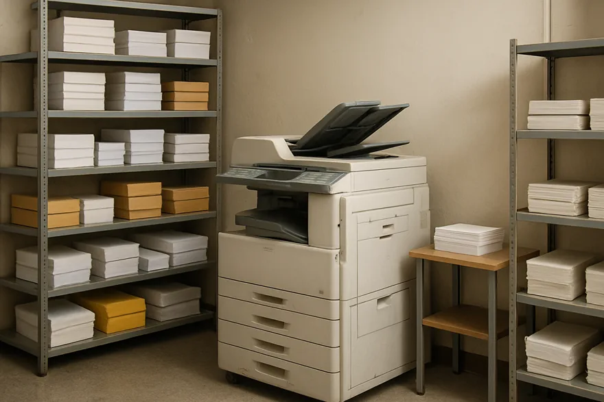 A small office print room with a large copier, shelves of paper reams, clean and organized