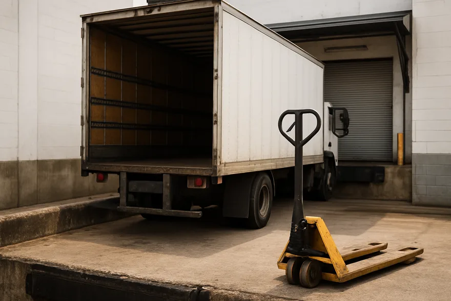 A loading dock with a truck trailer backed in and a pallet jack in the foreground